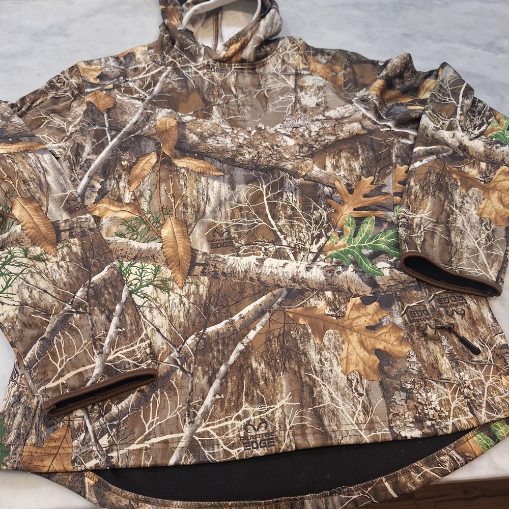 Realtree Edge Hoodie Mens L Brown Camo Neck Gaiter Fleece Hunting Pullover Deer